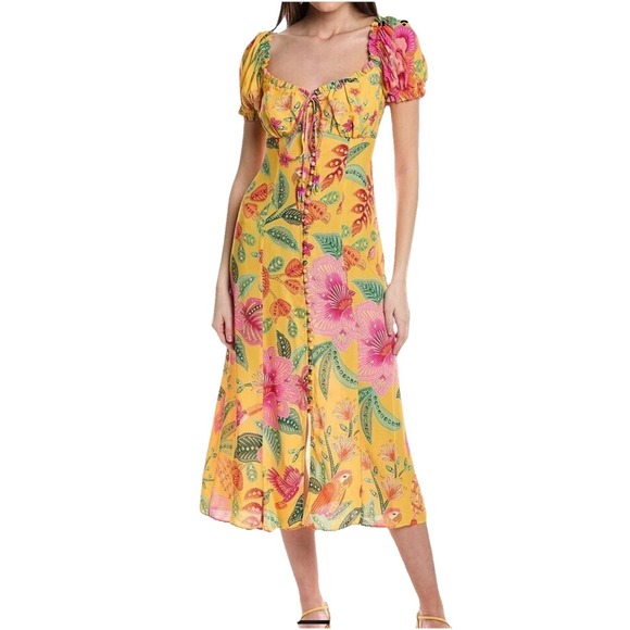 Farm Rio L  Anthropology Macaw Bloom Yellow Maxi Dress Retail $239 Cotton Boho - Picture 1 of 16